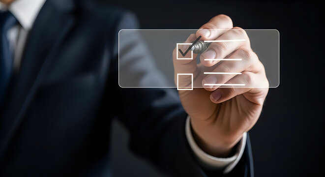 Business professional selecting checkboxes on a touchscreen interface