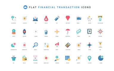Fototapeta premium Financial transaction in mobile banking app, accounting and NFC, deposit savings protection color icon set. Accepted payment and denied, money flow and profit growth flat elements vector illustration