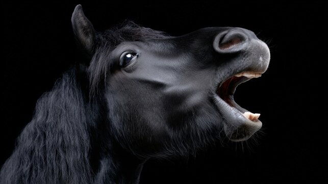 Majestic black horse neighing against dark background