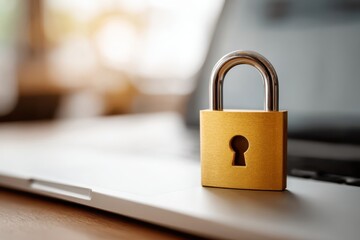 Fototapeta premium Close-up of a gold padlock on a laptop, symbolizing digital security and protection against cyber threats, privacy, and data encryption for personal and business use.