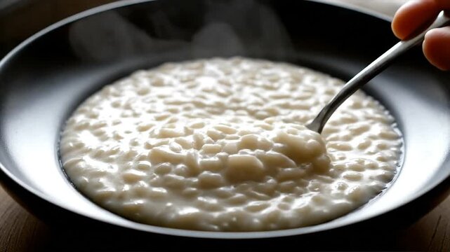 Steaming Hot Rice Porridge Being Stirred.