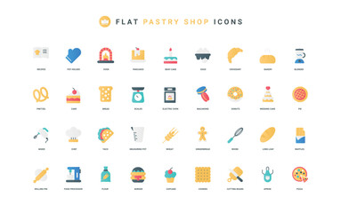 Fototapeta premium Pastry shop and bakery, dessert of confectionery color icon set. Chefs recipe, oven and tools to bake biscuit and cupcake, cookie and birthday cake, macaroons flat elements vector illustration