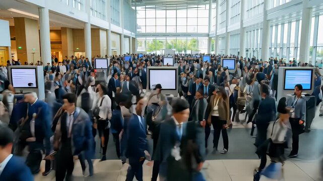 A busy crowd of professionals walking through a bright modern exhibition hall in a cinematic timelapse, capturing dynamic business networking and conference efficiency.