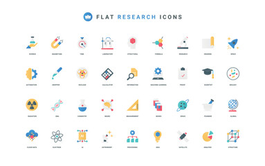 Science research, AI automation and equipment in scientific laboratory color icon set. Analysis and structure, medical and chemical study of scientist, engineering flat elements vector illustration
