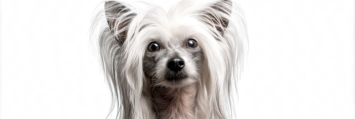 Naklejka premium Alert chinese crested dog with fluffy white ears and alert expression