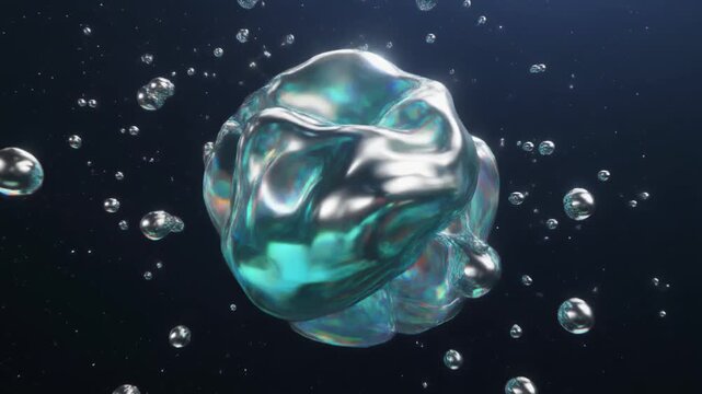 Aqua silver liquid sphere floating in mid-air defying gravity, surface rippling with acoustic vibrations, droplets floating, deep space background, hyper-realistic cinematic loop, 5 seconds