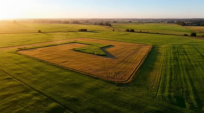 Aerial View of a Golden Wheat Field with a Green Arrow Design