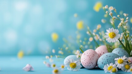 Fototapeta premium Colorful Eggs and Flowers on Blue Background During Easter Celebration in Spring Season
