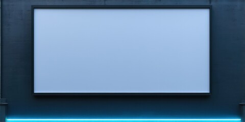 Obraz premium Blank screen recessed into dark wall. Blue light strip below provides subtle illumination. Minimalist presentation space.