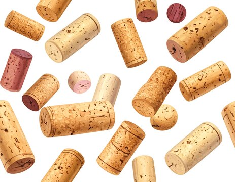Many corks in midair. Some have red stains and dark patterns against a white backdrop