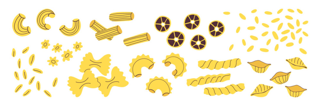 Pasta shapes illustration. Italian dry pasta assortment with fusilli farfalle rigatoni conchiglie orzo rotelle creste rigate curvi rigati on white background. Food ingredient collection drawing