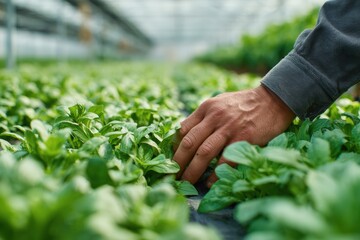 Worker Carefully Tending Green Plants in a Greenhouse Environment