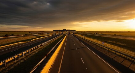 Obraz premium Dramatic Highway Perspective At Sunrise with Dark, Cloudy Sky Over the Fields