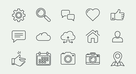 Fototapeta premium Essential Black Line UI UX Icon Collection for Social Media and Web on Light Green Background