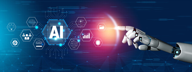 Naklejka premium Futuristic robotic hand interacting with artificial intelligence symbols and data icons representing technology, digital innovation, and automation concepts Quark.