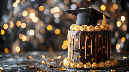 Graduation Cake With Blue Graduation Cap and Gold Stars Displayed in a Modern Event Space