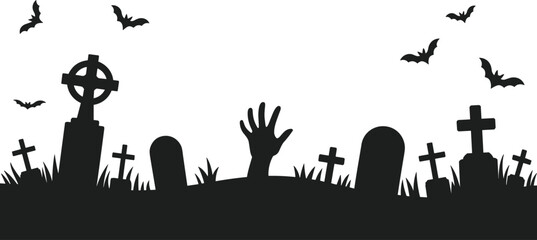Halloween graveyard silhouette with zombie hand and bats, spooky cemetery scene isolated on white background horror illustration