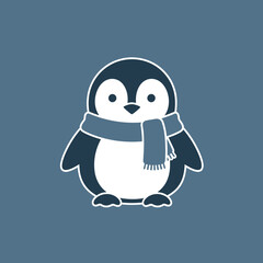 Obraz premium Cute cartoon penguin wearing a scarf on a solid background.