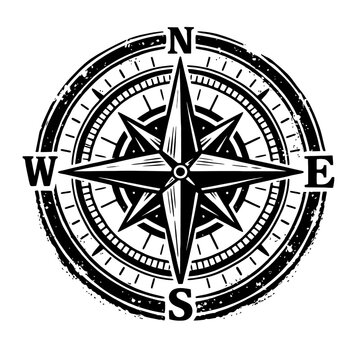 vintage black and white compass rose illustration navigation direction symbol