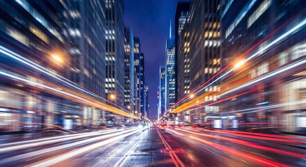 Fototapeta premium View of a city in motion blur. Speed ​​of movement, blurred world lines, road, evening city. Cityscape, active life of a metropolis at night
