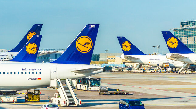  Terminal 1 with passengers airplane decking in Frankfurt, Germany