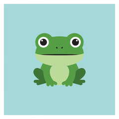 Obraz premium Cartoon-style green frog with large eyes sitting on a light blue background.