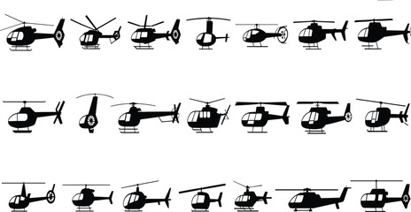Helicopter silhouettes collection, military and civilian chopper icons, side view aircraft vector illustration isolated black set © It's Sohan Here