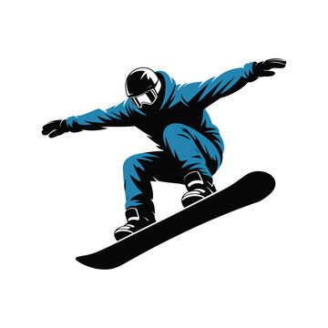 Snowboarder performs an aerial jump maneuver against a white.