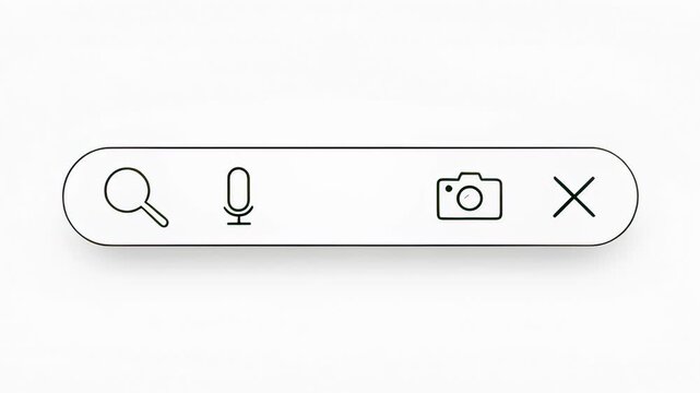 Minimalist search bar with animated interface icons appearing on a clean white background in a 2D motion graphic, ideal for user experience and web development concepts.
