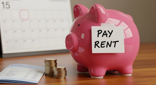 A pink piggy bank with a pay rent note and coins on a desk, symbolizing financial responsibility
