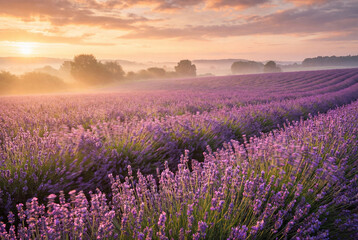 Fototapeta premium Purple lavender field at sunrise with motion blur and golden misty sky