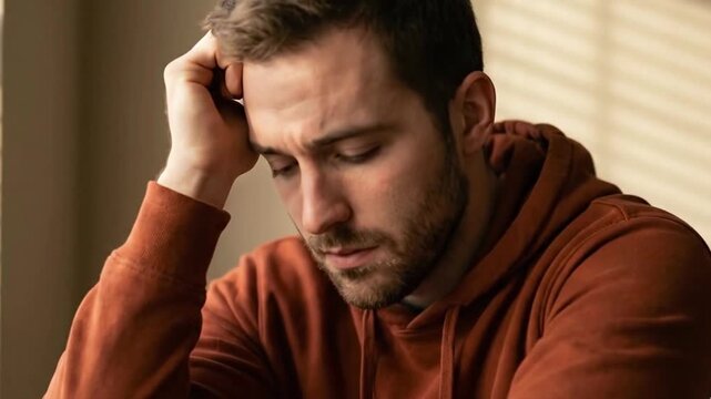 A Moment of Contemplation: Capturing the introspective mood, a man is engrossed in deep thought. The image expresses reflection. 