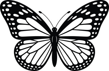 Black and white monarch butterfly silhouette with detailed wings and antennae Keywords: butterfly, monarch butterfly, insect © Rasel