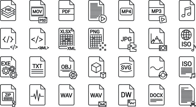 Large set of black and white document file format icons including PDF JPG DOC and code extensions for web interface design.