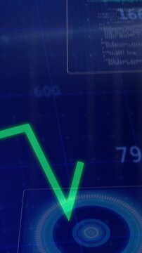 Vertical video: Green line entering left sweeping peaks lighting panels pulsing charts showing data