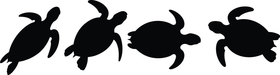 Four Black Silhouettes of Sea Turtles Swimming on White Background marine life animal © Rasel