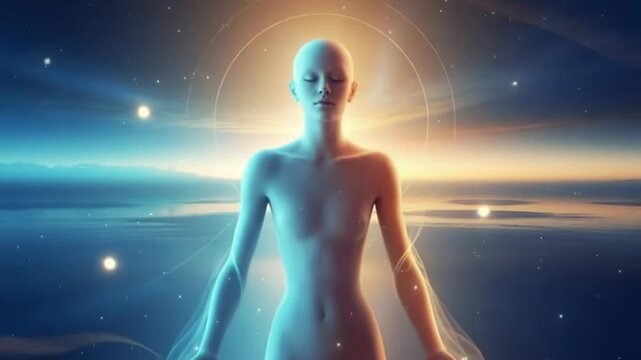 Light entity stands in a glowing space with stars and a horizon at different time intervals