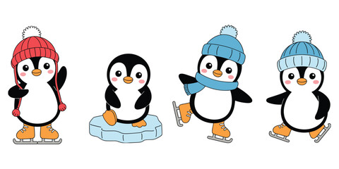 Fototapeta premium Four cute cartoon penguins dressed for winter activities on a white background ice skating