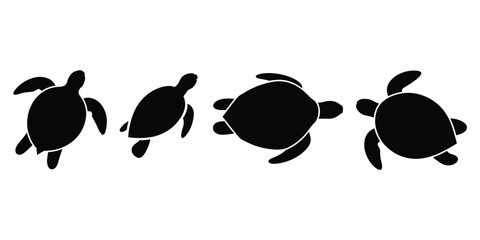 Four Black Silhouettes of Sea Turtles from Above on White Background marine life animal © Rasel