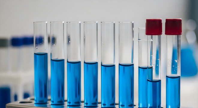 A row of test tubes filled with a bright blue liquid, ready for scientific analysis