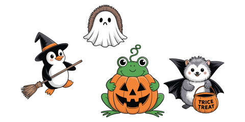 Obraz premium Halloween Characters Penguin Witch Frog Pumpkin Bat Hedgehog Ghost on White Background illustration