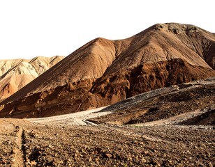 Mountainous landscape, earth-toned gradients on barren slopes, rock-strewn foreground, under stark white sky