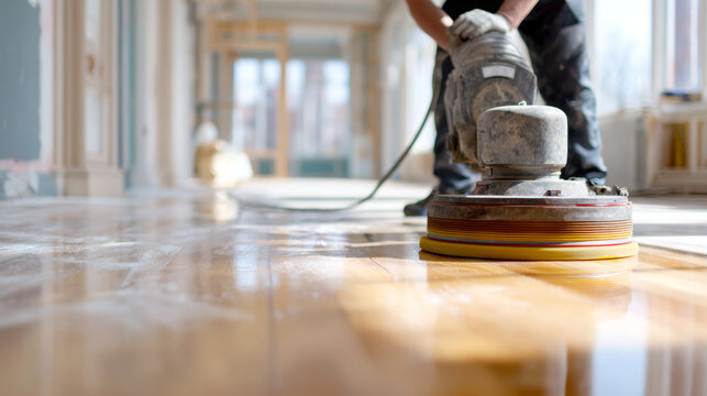 Professional worker sanding old parquet hardwood floor with heavy-duty floor sander, creating dust while refinishing and restoring timber surface in empty apartment room