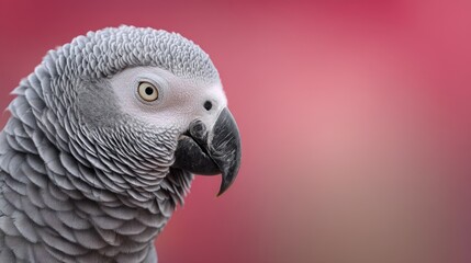 Obraz premium African grey parrot showing intelligent expression with detailed gray feathers and strong black beak, looking intently with yellow eye against vibrant pink background