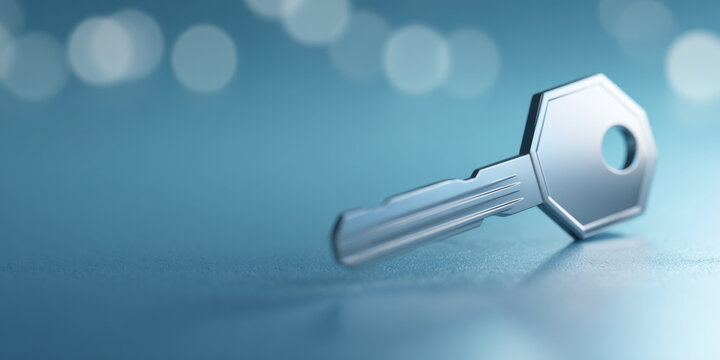 Close-up of silver key on blue surface