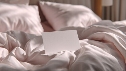 Naklejka premium Elegant white card rests cozily on soft pink bedding