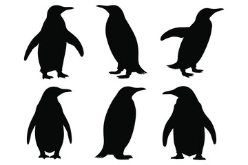 Obraz premium Six Silhouette Penguins Standing and Waving Flippers on White Background animal bird