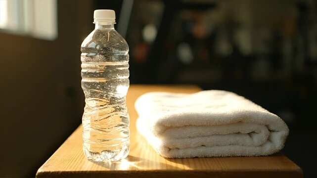 Water Bottle and Towel on Table.