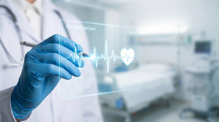 Doctor in Protective Gloves Monitoring Patient Heartbeat on Digital Medical Interface