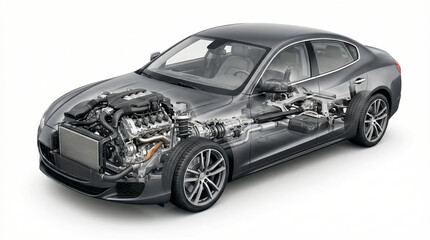 Naklejka premium Grey sedan car with transparent body showing engine and internal parts structure